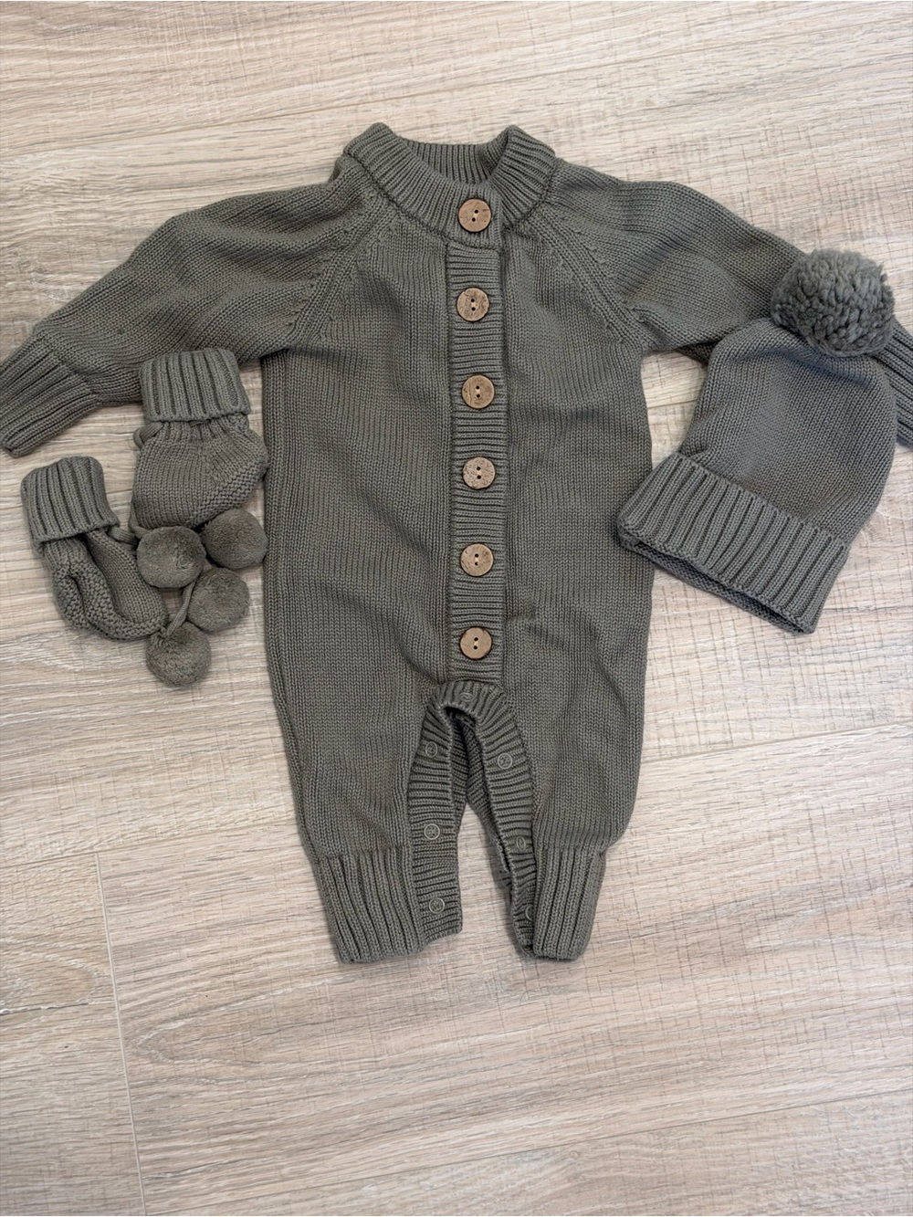 Caden Lane Olive Green Knit Button-Front One-Piece with Hat & Mittens